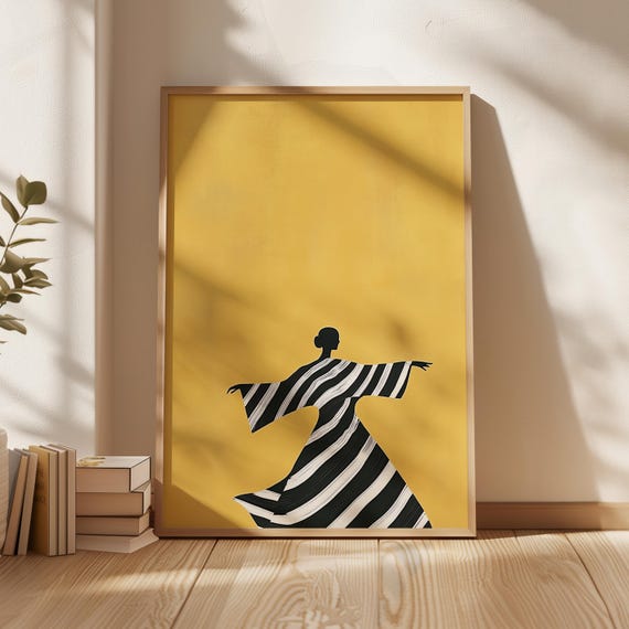 Warm Yellow Minimalist Woman Print Contemporary Art Black And White Wall Decor Modern Stripe Art Abstract People Artwork Bold Female Print