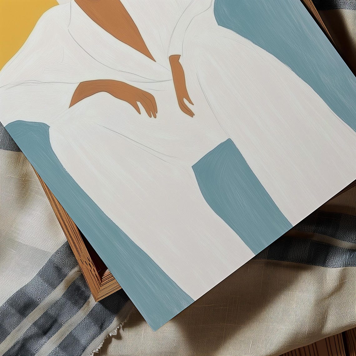 Modern Abstract Portrait Art Minimalist Figure In White Robe Neutral Tones Wall Decor Contemporary Sitting Pose Illustration Yellow Blue - Image 3