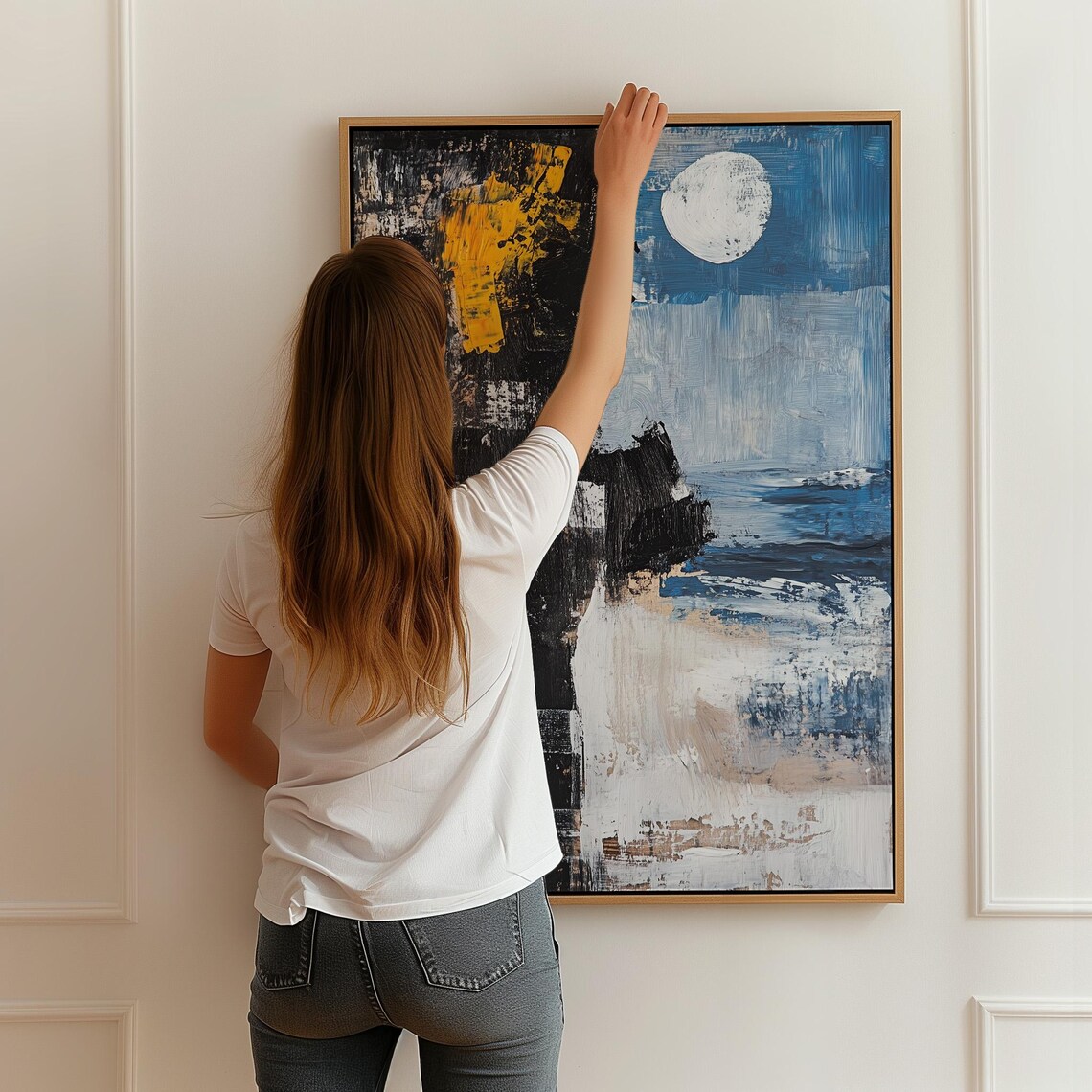 Abstract Moonlit Night Landscape Ocean Moon Gold Textured Poster - Image 2