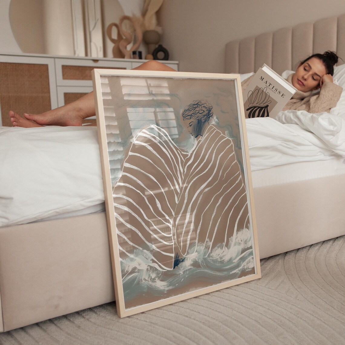 Abstract Woman in Striped Blanket Minimalist Art Print - Image 2