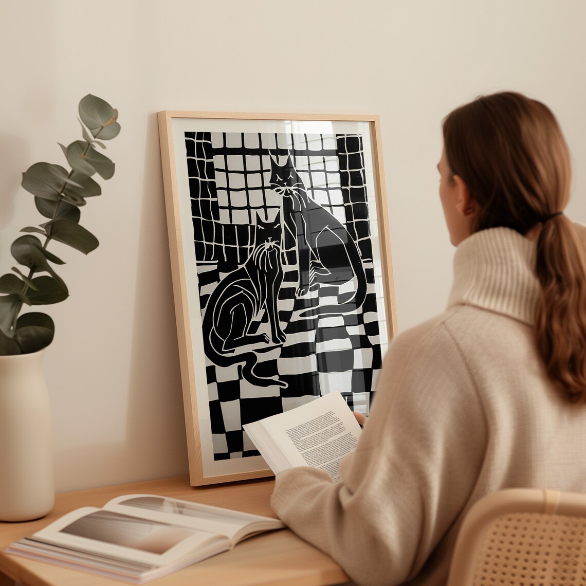 Black and White Linocut Two Cats on Checkerboard Floor Art Deco Poster - Image 4