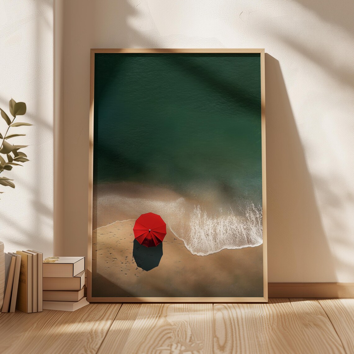 Minimalist Beach, Red Umbrella Seascape Poster