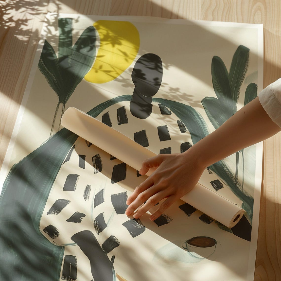 Faceless Figure Enjoying Morning Coffee in Geometric Pattern Poster - Image 2