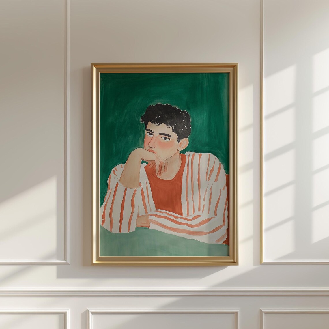 Young Man Resting Chin Striped Shirt Emerald Green Portrait Wall Art