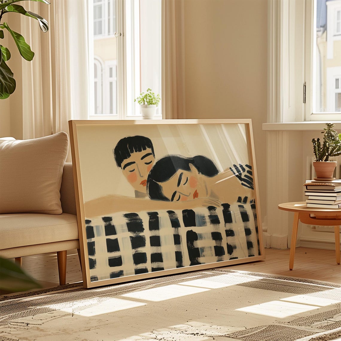 Two Women Sleeping Side by Side on a Checkered Blanket Poster - Image 3