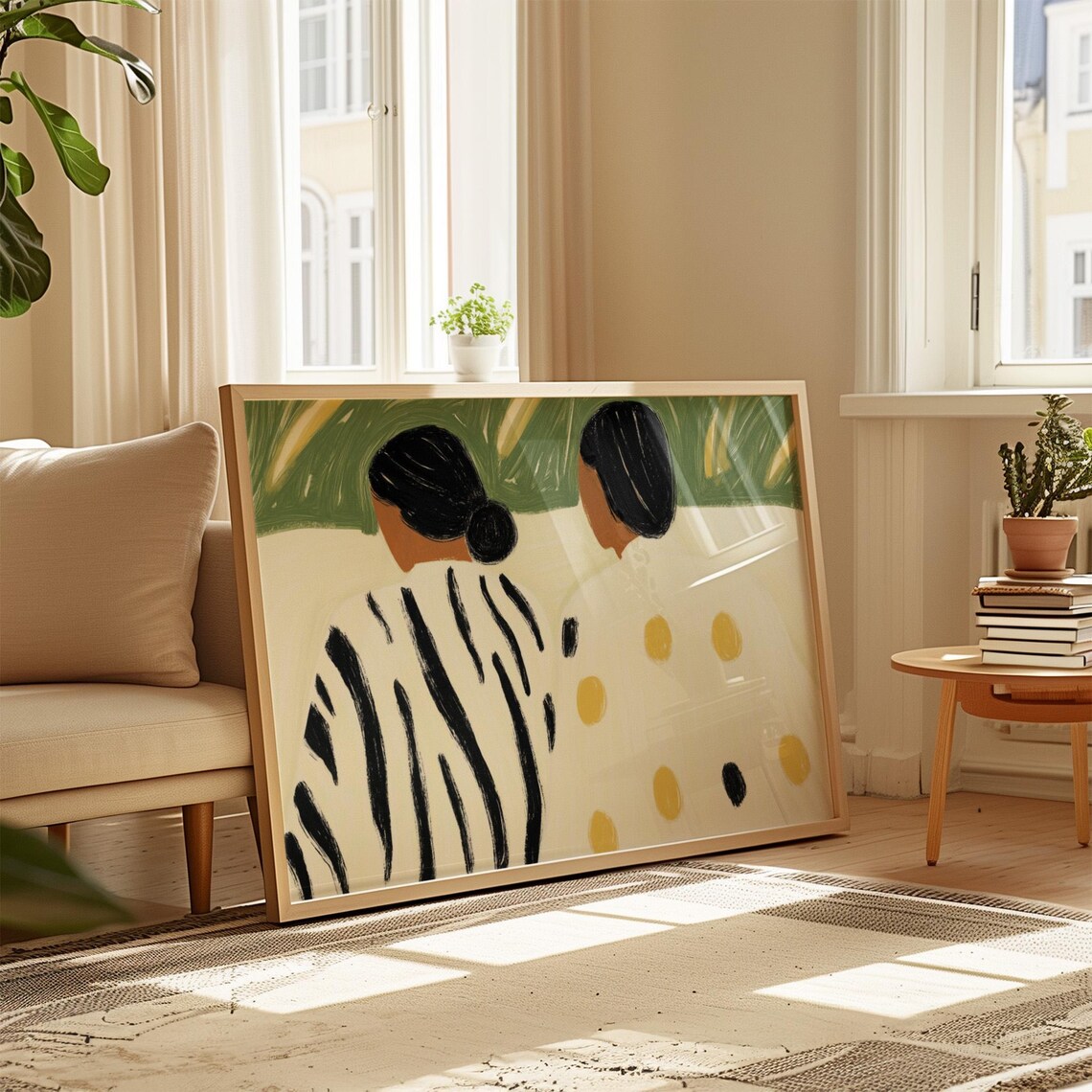 Two Women Back View Zebra Stripes and Polka Dots Green Abstract Poster - Image 2