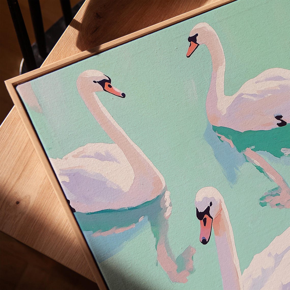 Three White Swans Floating on a Mint Green Lake Watercolor Poster - Image 2