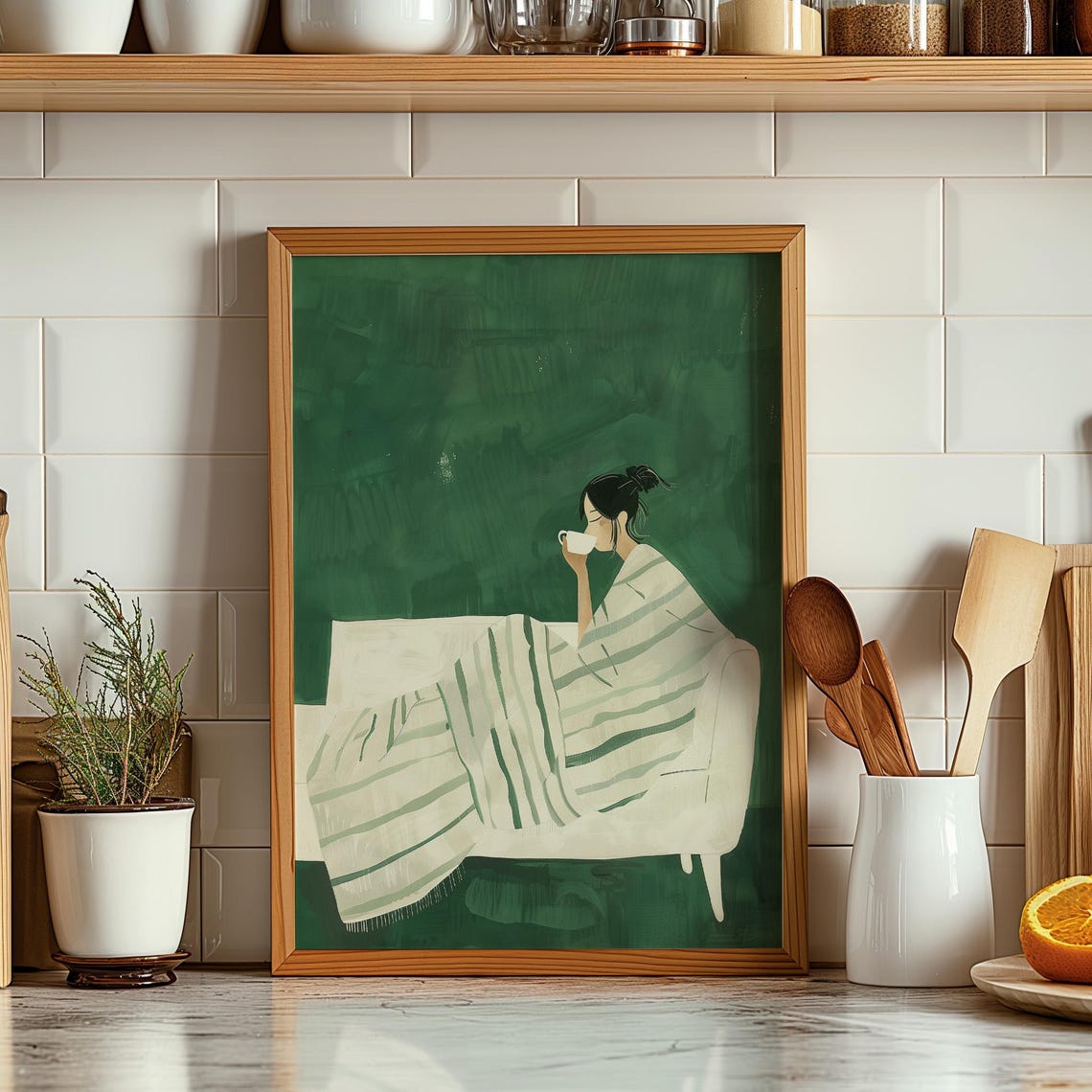 Minimalist Woman Wrapped In A Striped Blanket Drinking Coffee Print - Image 2