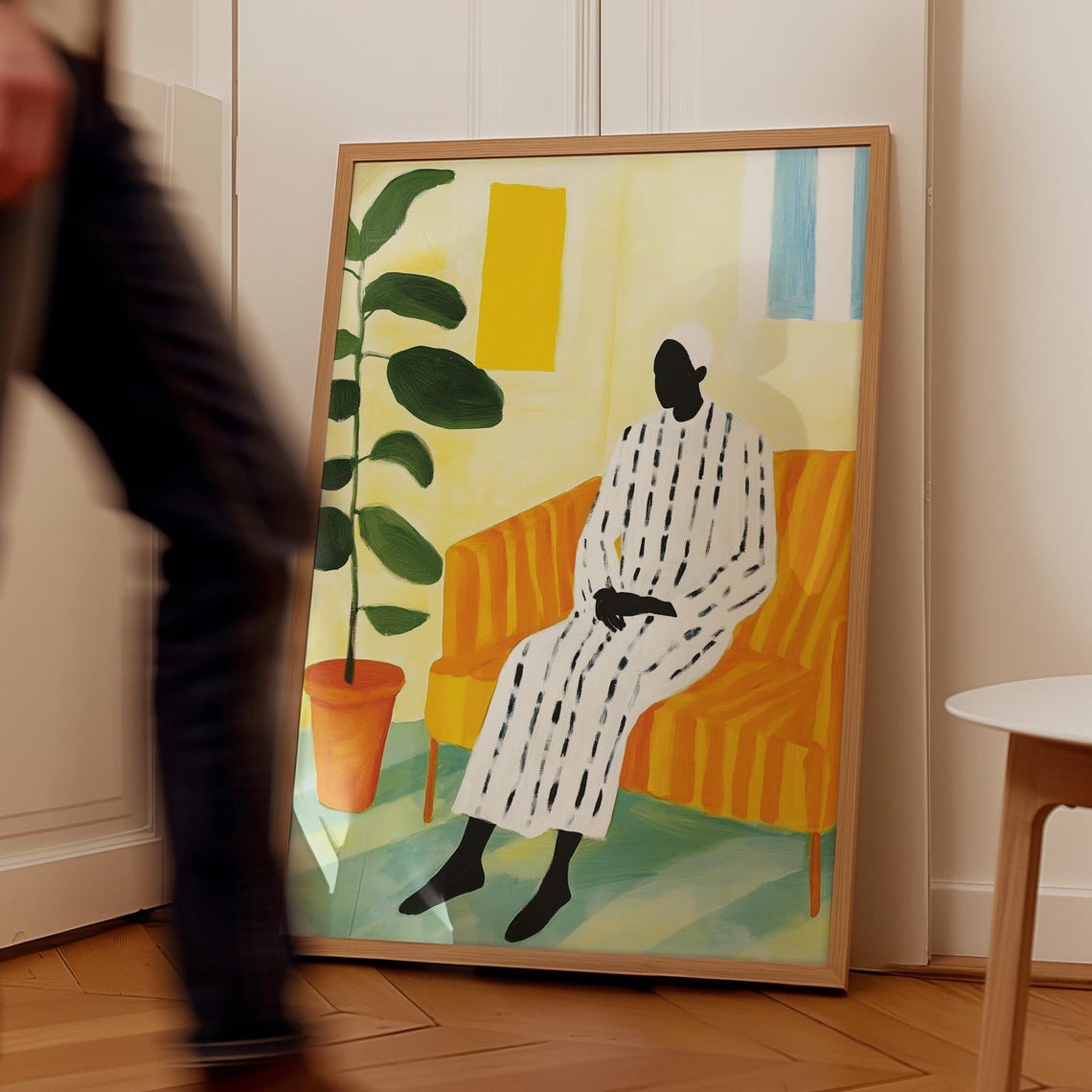 Seated Figure In Striped Robe On Orange Sofa Modern Interior Poster