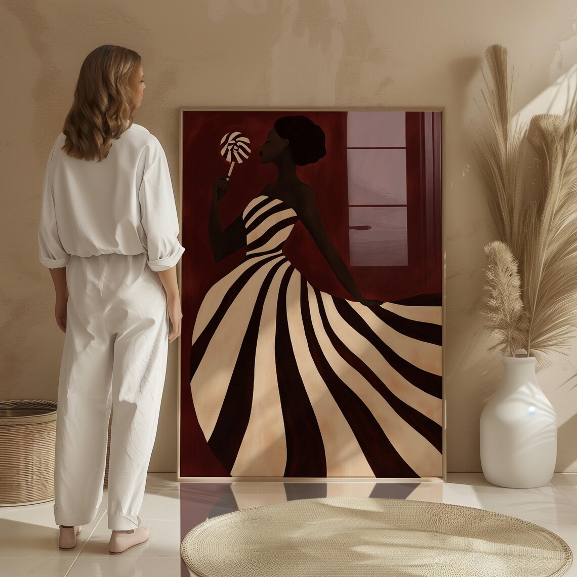 Striped Dress Woman With Lollipop, Minimalist Fashion Art Print