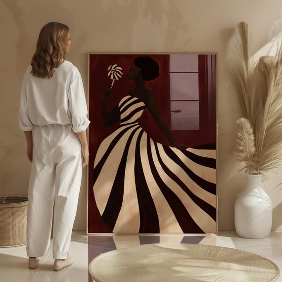 Striped Dress Woman With Lollipop, Minimalist Fashion Art Print