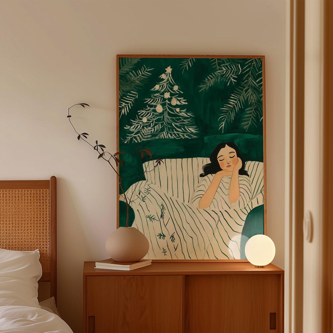 Woman Resting on a Couch Under a White Christmas Tree Poster - Image 3