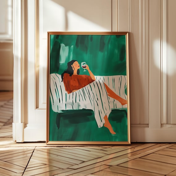 Woman Sipping Red Wine Striped Sofa Emerald Green Modern Art Poster