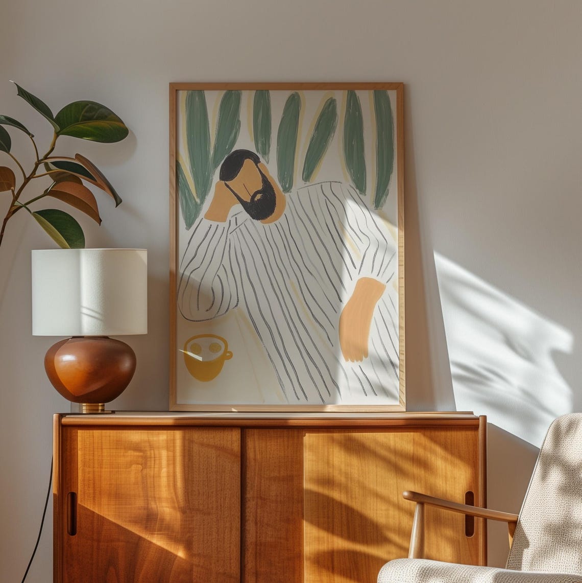 Man With Coffee Cup In Striped Robe Among Green Leaves Art Poster - Image 2