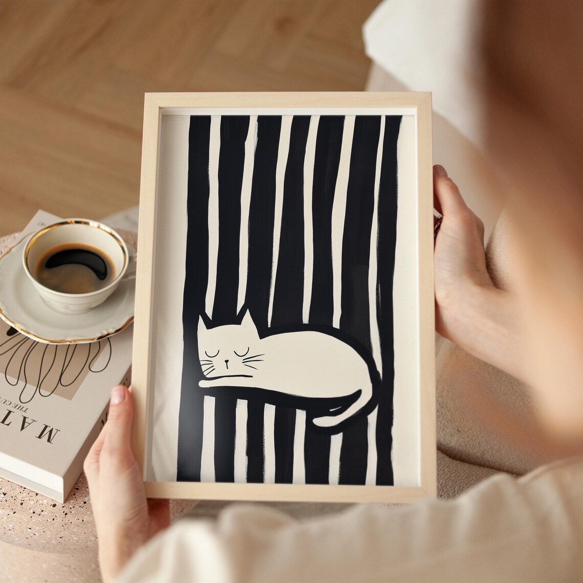 Sleeping Cat On Black Stripes Cute Minimalist Cat Art Poster - Image 2
