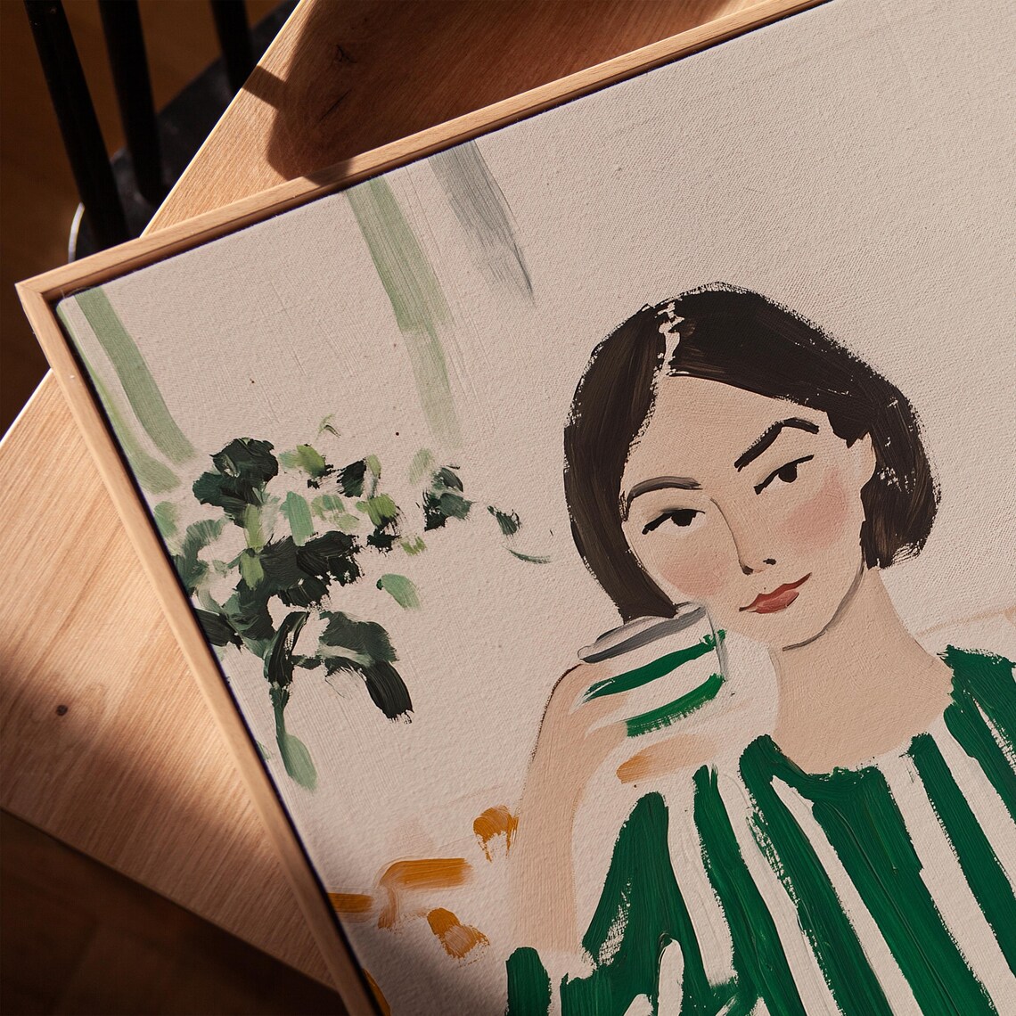 Modern Woman In Striped Green Dress, Minimalist Portrait - Image 2