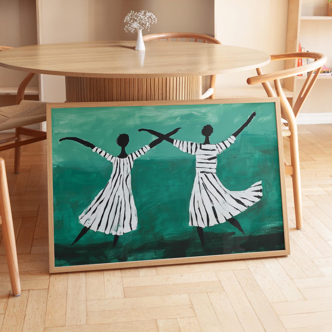 Two Striped Dancers On Green Joyful Abstract Dance Art Poster