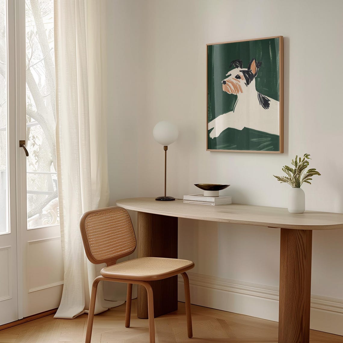 Playful White Dog Portrait On Emerald Green Naive Painting Wall Art - Image 3