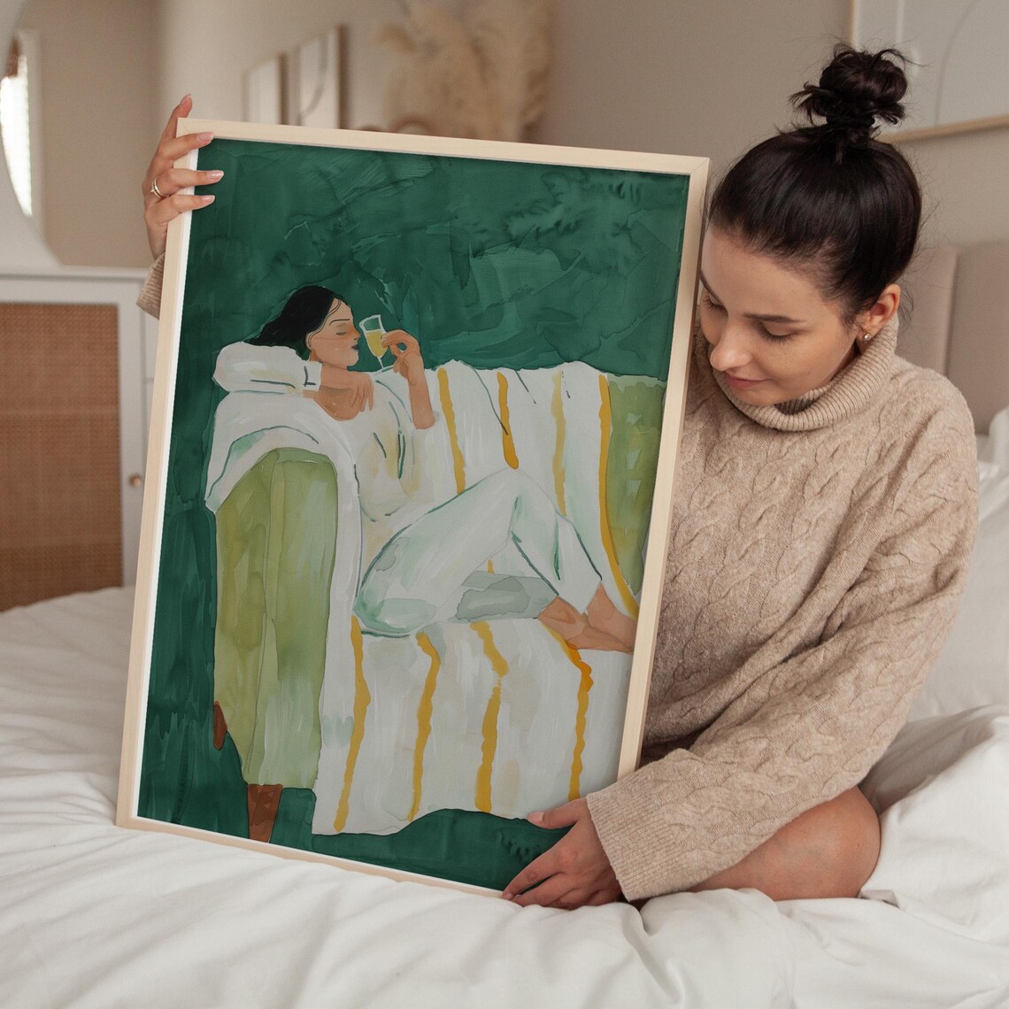 Relaxed Woman Sipping Wine on Armchair Green Painting Poster - Image 4