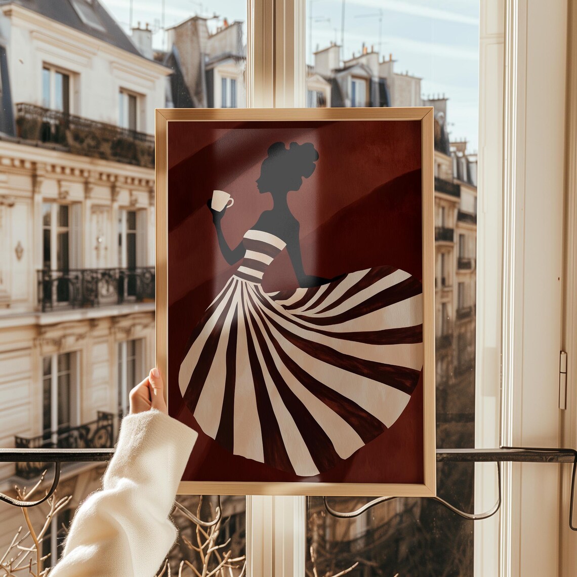 Coffee Silhouette, Striped Dress Woman Illustration - Image 4
