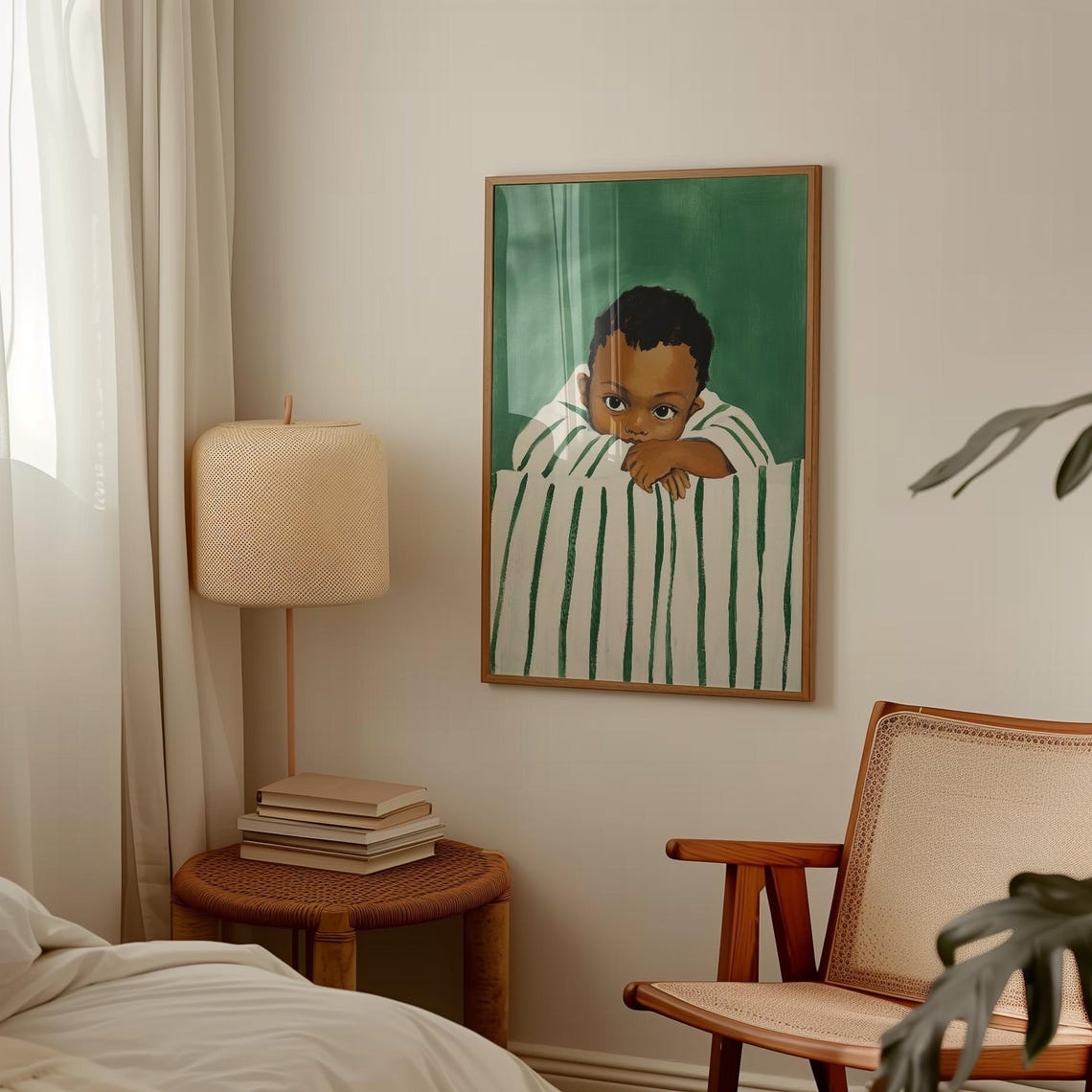 Young Boy Resting Chin On Arms Striped Bedding Nursery Wall Art - Image 2