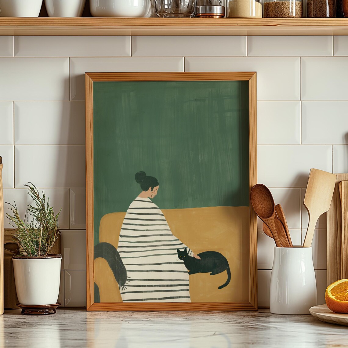 Woman Sitting With Black Cat Minimalist Illustration Wall Art - Image 2