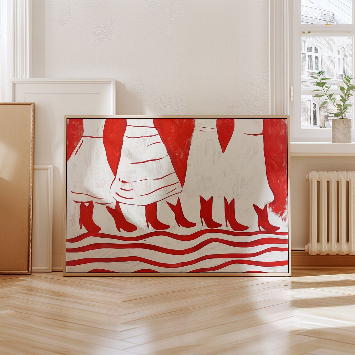 Red and White Abstract Women in Skirts and Boots Modern Art Wall Poster