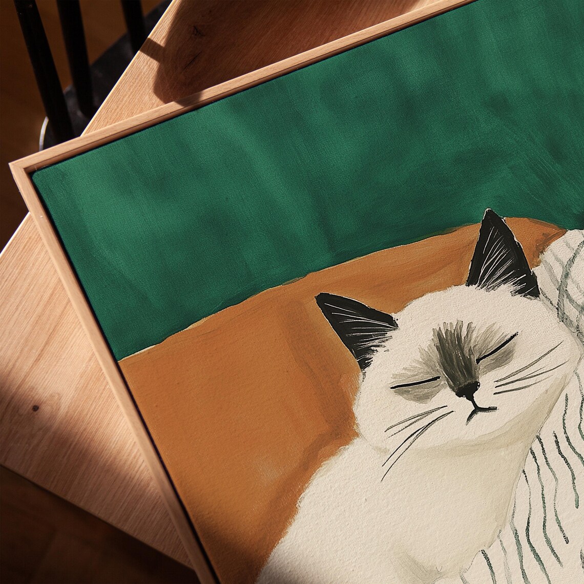 Sleeping White Cat Dark Ears Striped Chair Green Cozy Pet Poster - Image 3