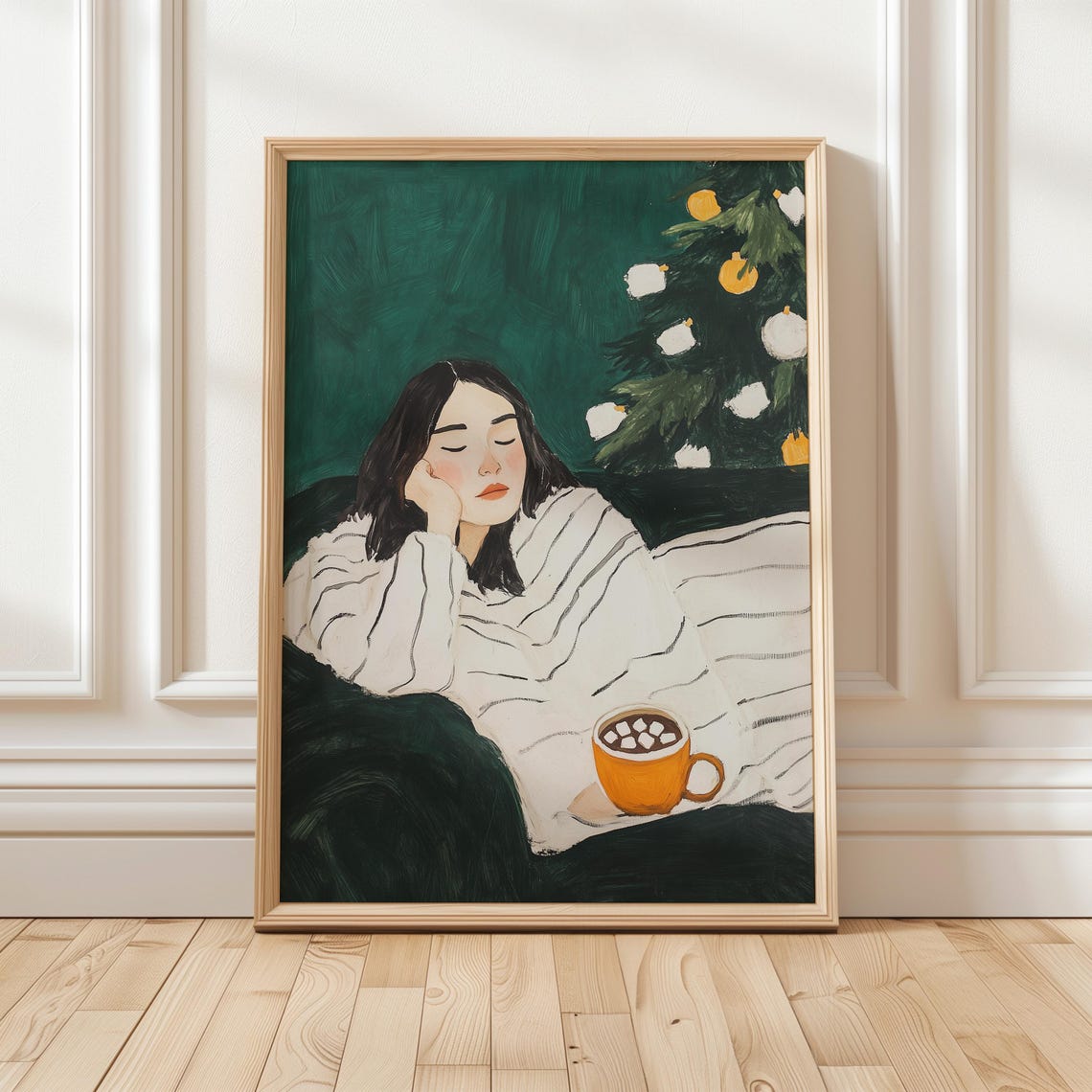 Cozy Woman Wrapped in a Blanket With Hot Cocoa by the Tree Poster