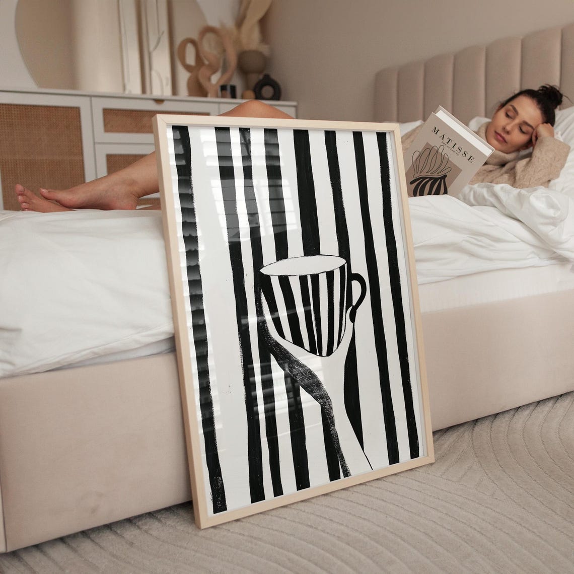 Hand Holding Striped Cup Bold Black Vertical Stripes Minimalist Poster - Image 4