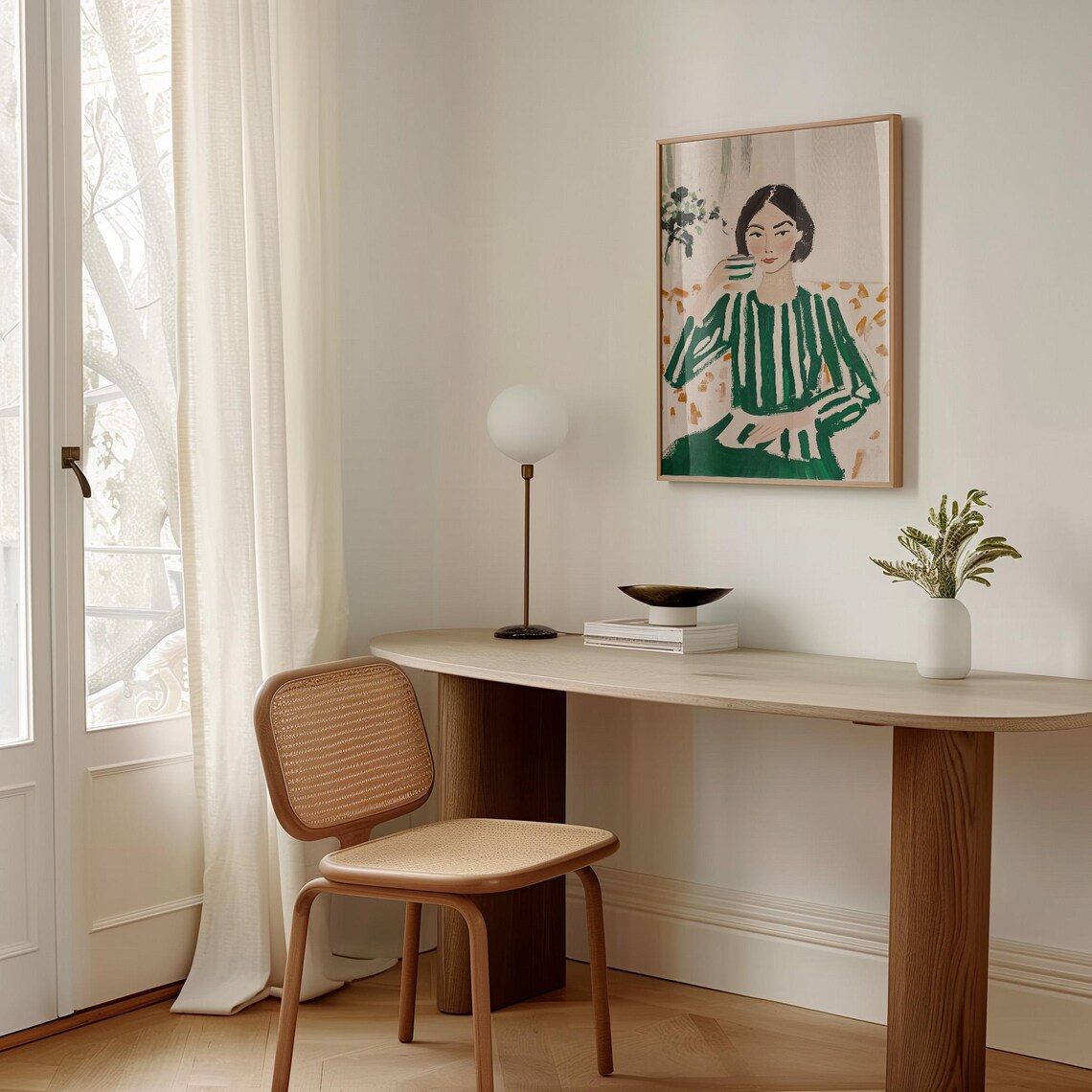 Modern Woman In Striped Green Dress, Minimalist Portrait - Image 3