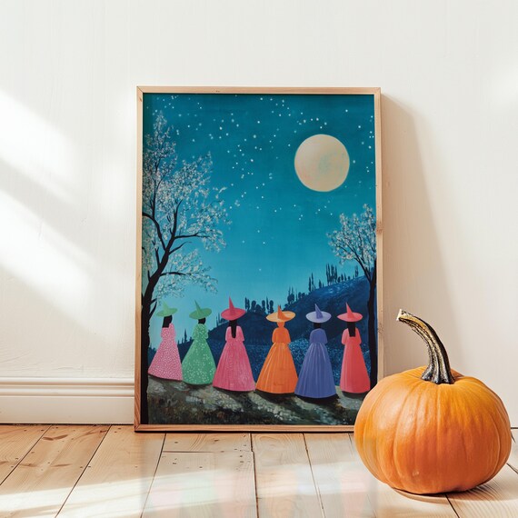 Colorful Witches Under Full Moon Starry Night Halloween Poster