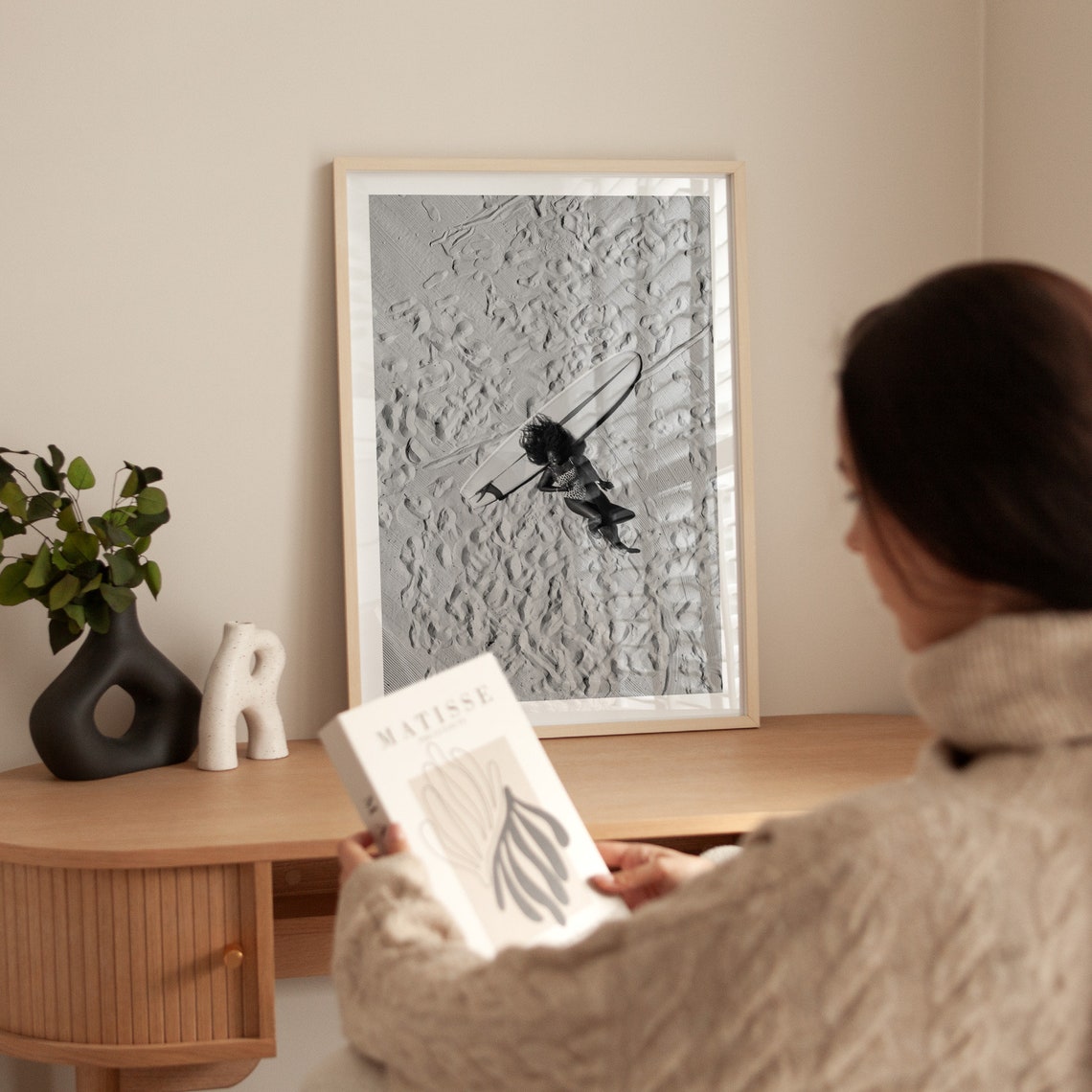 Beach Adventure Awaits Print Miniature Surfer On Sand Waves Art Creative Black And White Seascape Photo - Image 2