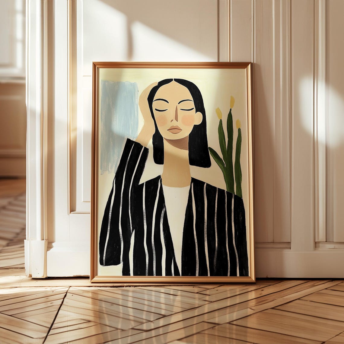 Woman In Black Striped Blazer With Hand To Forehead Art Poster