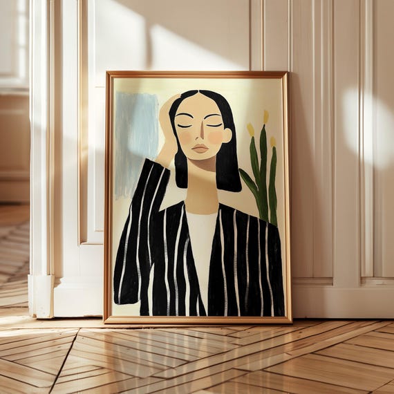 Abstract Portrait Print Woman In Striped Blazer Wall Art Minimalist Fashion Illustration Modern Feminine Artwork Decor