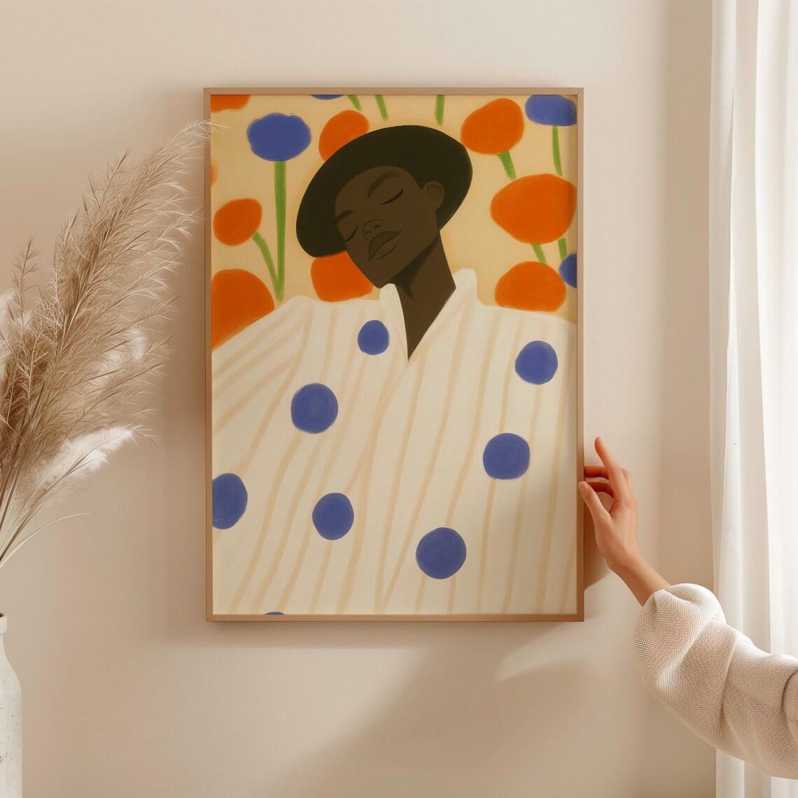 Figure In Blue Polka Dot Shirt Among Orange And Blue Blooms Poster
