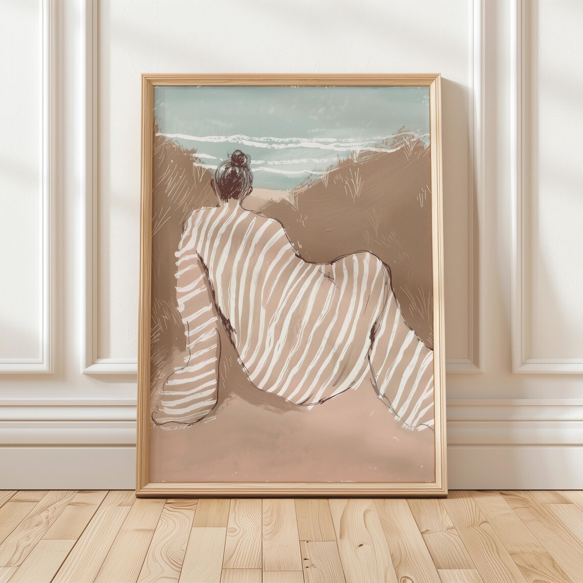Woman Striped Dress Ocean Dunes Dreamy Coastal Illustration Art Poster