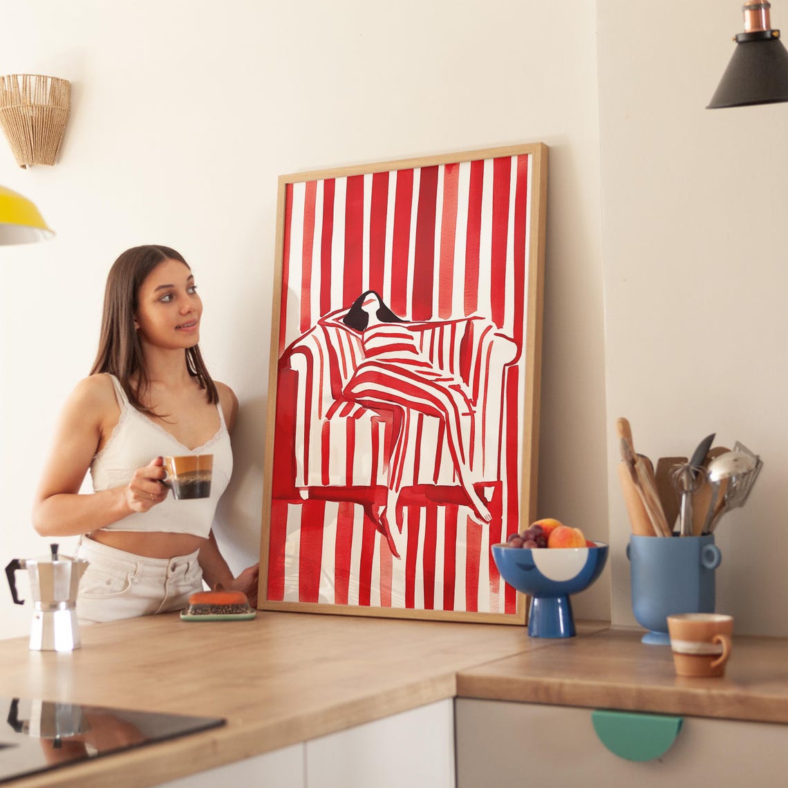 Bold Red And White Stripes Reclining Woman Modern Graphic Poster - Image 4