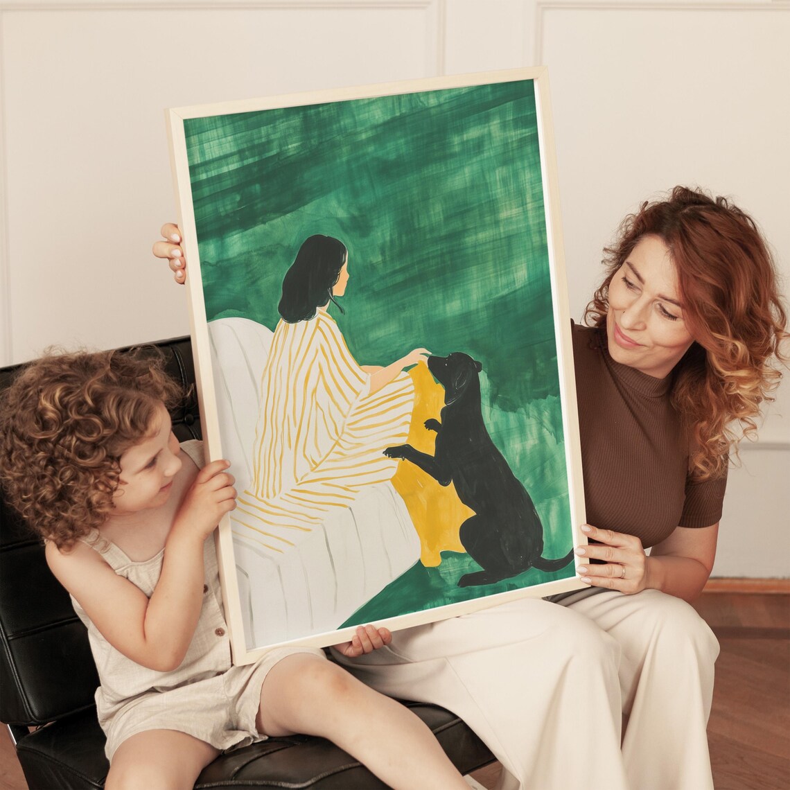 Woman With Black Dog Green Background Modern Figurative Poster - Image 4