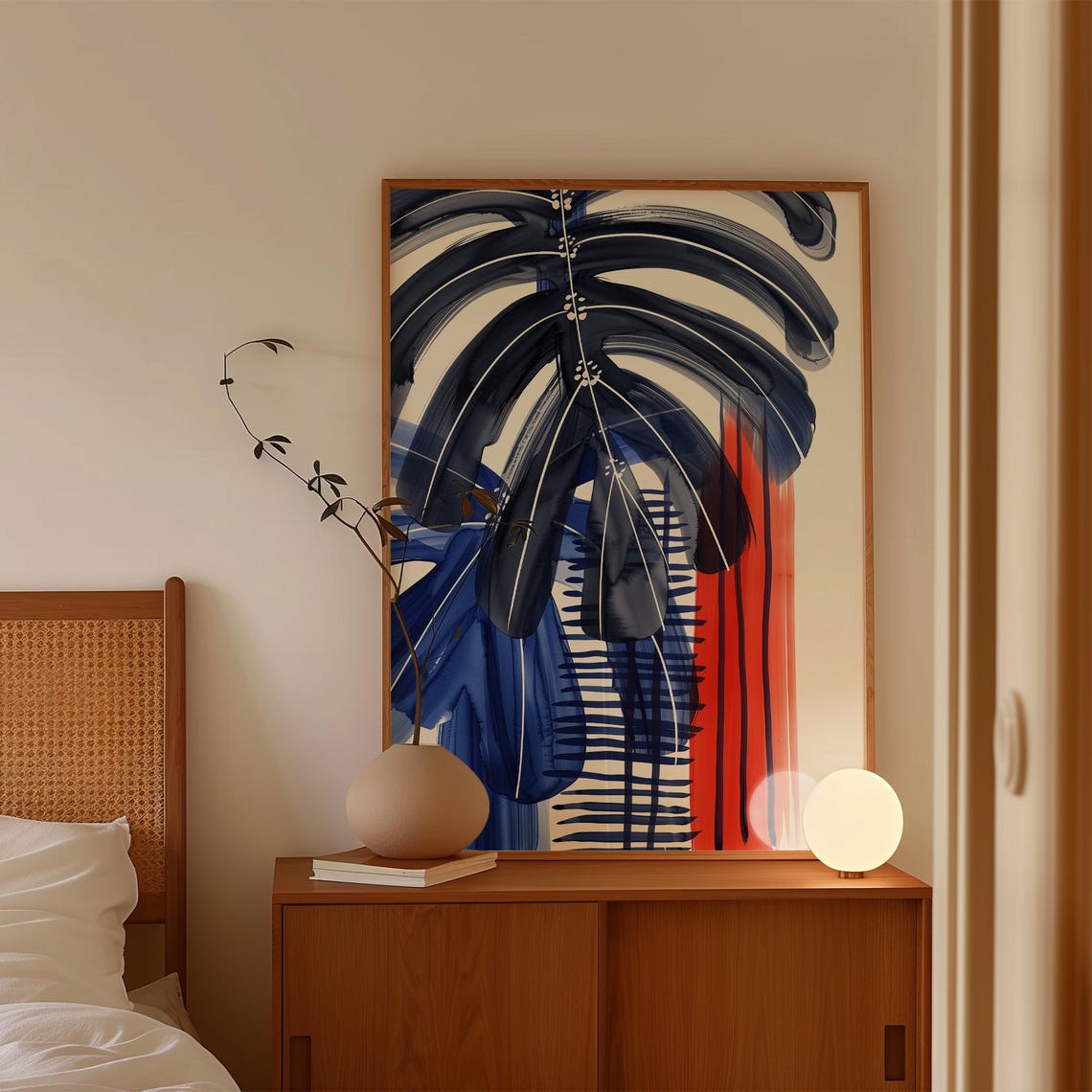 Bold Blue Red Abstract Botanical Leaves Large Modern Wall Art - Image 4