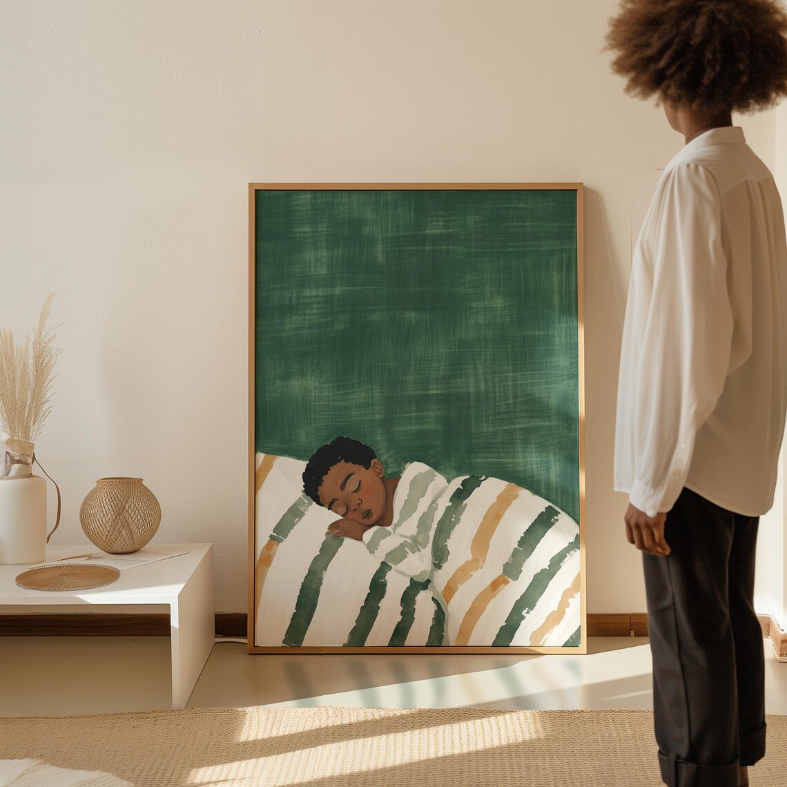 Sleeping Boy Under Striped Blanket Green Nursery Painting Wall Art