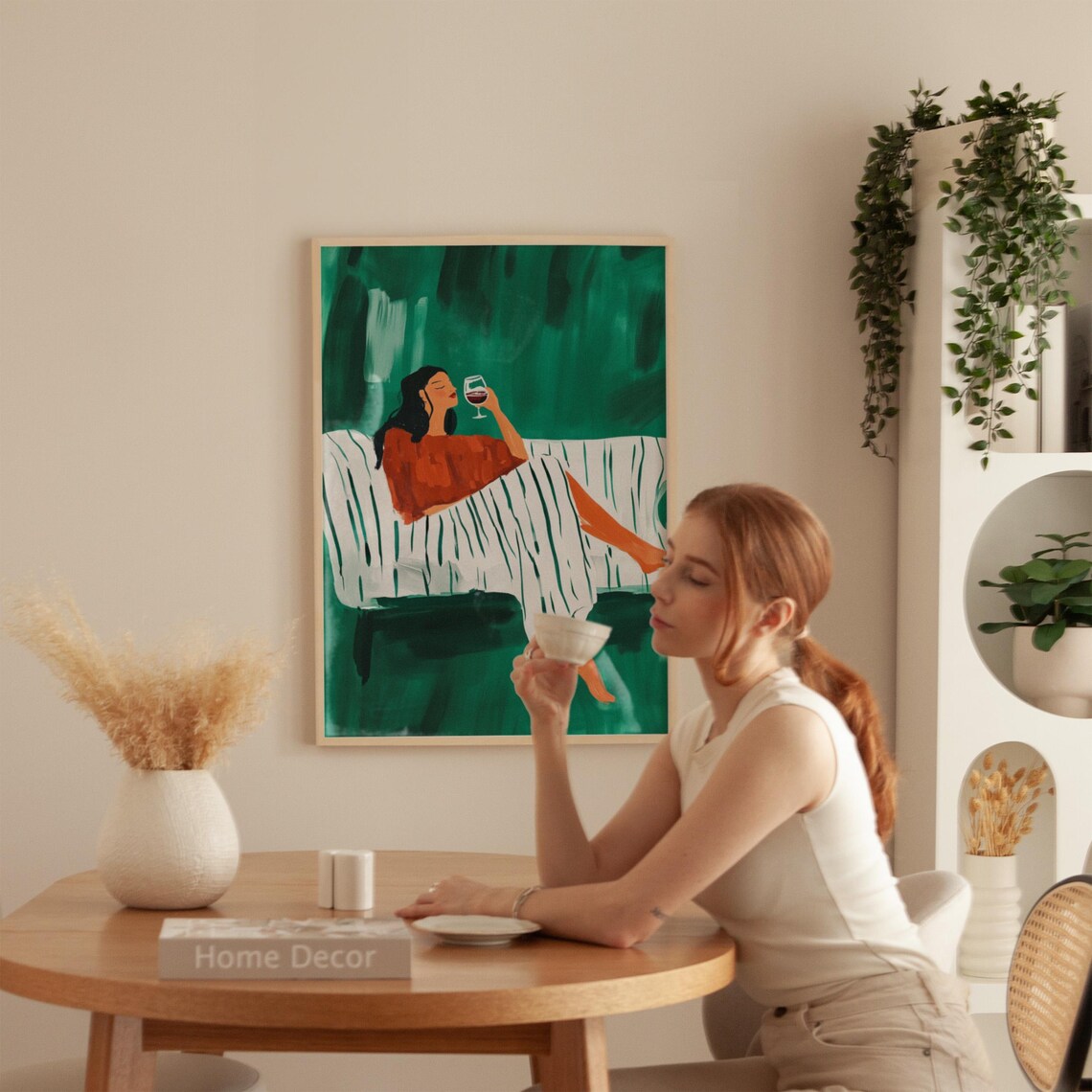Woman Sipping Red Wine Striped Sofa Emerald Green Modern Art Poster - Image 4