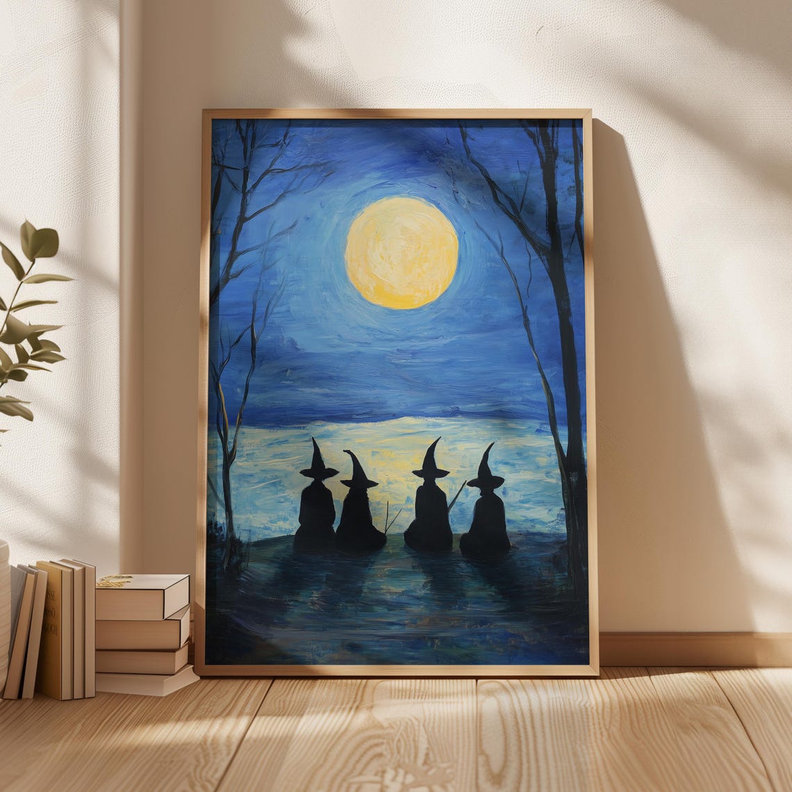 Four Witches Watching the Big Yellow Moon Night Scene Poster