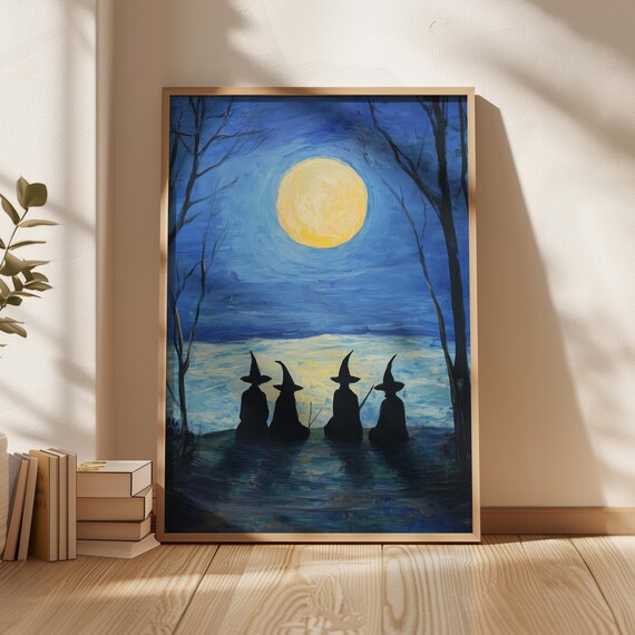 Four Witches Watching the Big Yellow Moon Night Scene Poster