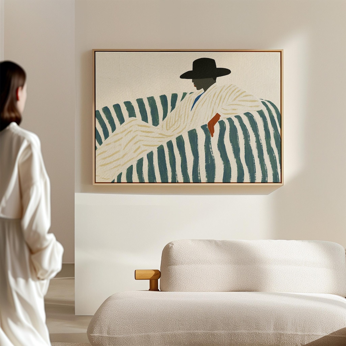 Minimalist Fashion Figure With Hat, Neutral Green Art Print - Image 2