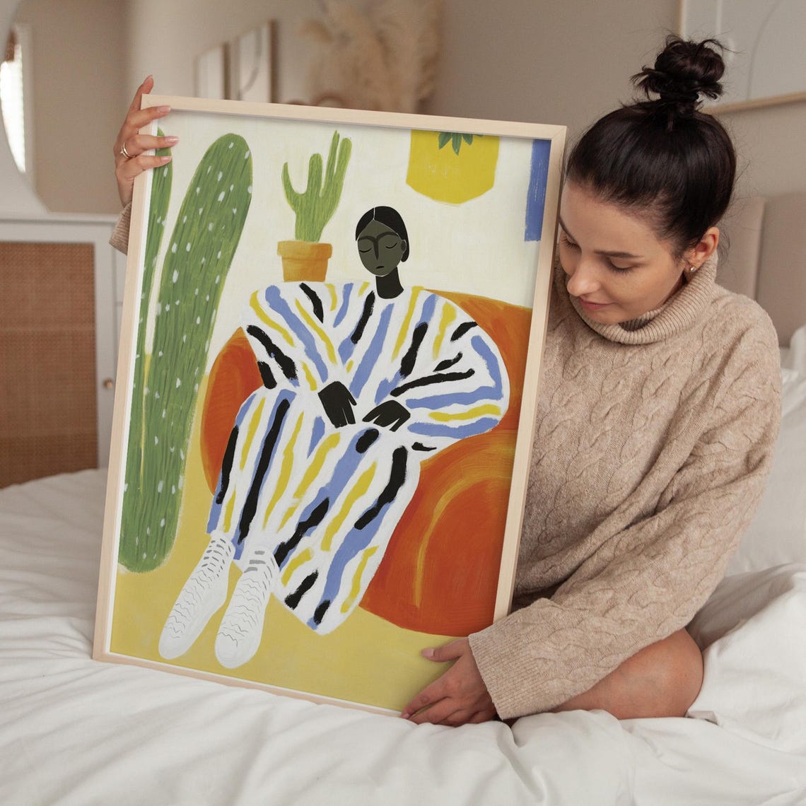 Woman In Colorful Striped Robe On Orange Chair With Cacti Poster - Image 5