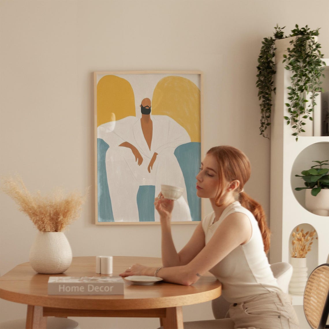 Modern Abstract Portrait Art Minimalist Figure In White Robe Neutral Tones Wall Decor Contemporary Sitting Pose Illustration Yellow Blue