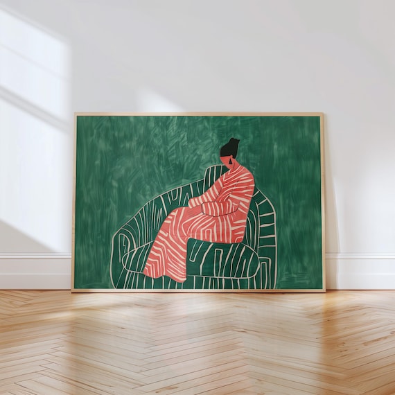 Woman in Red Lounging on Green Striped Sofa Modern Art Poster