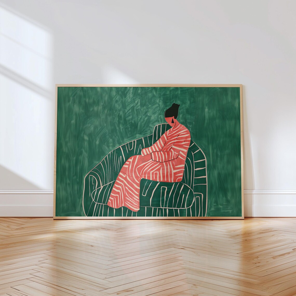 Woman in Red Lounging on Green Striped Sofa Modern Art Poster