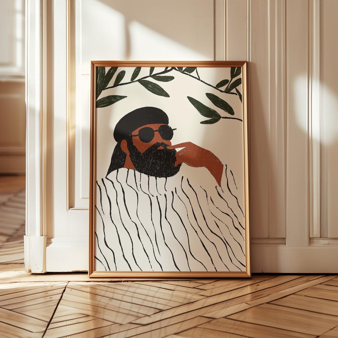 Bearded Man With Sunglasses And Cap In Striped Robe Portrait Poster